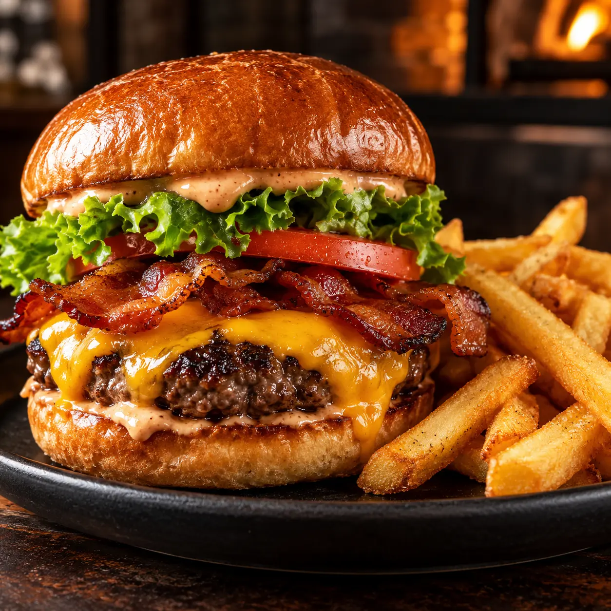 Saftiger Burger mit Käse und Pommes